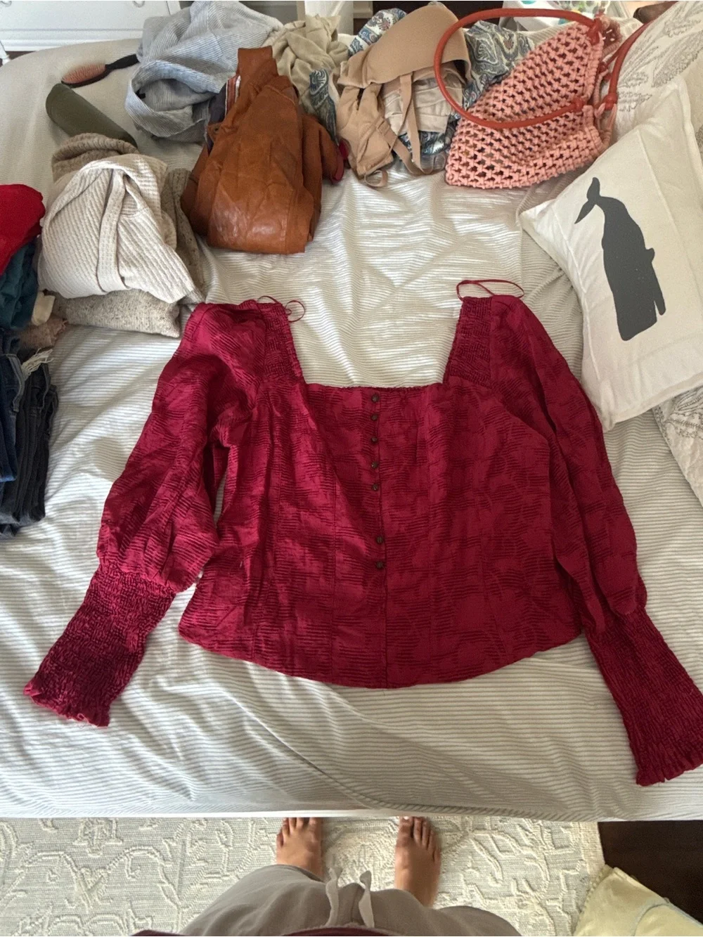 Anthropologie Square-Neck Puff Sleeve Blouse in Burgundy
